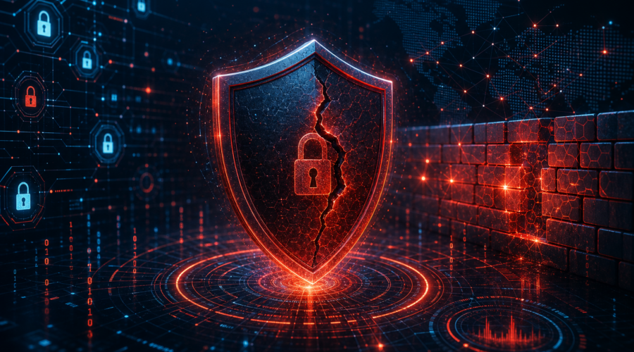 Dark cybersecurity threat alert visual showing a cracked shield with warning indicators, network nodes, and firewall breach imagery on a deep navy background
