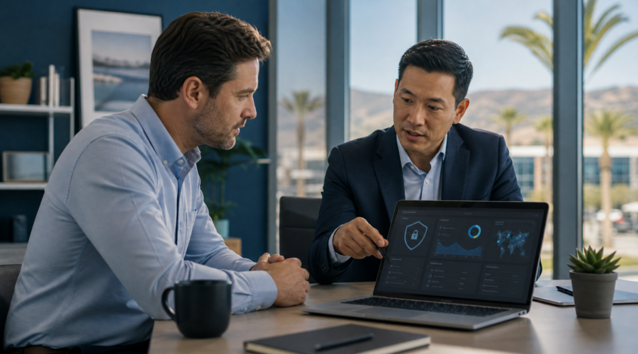 Two businessmen discuss a cybersecurity dashboard on a laptop in a bright office with large windows and desert mountains outside.