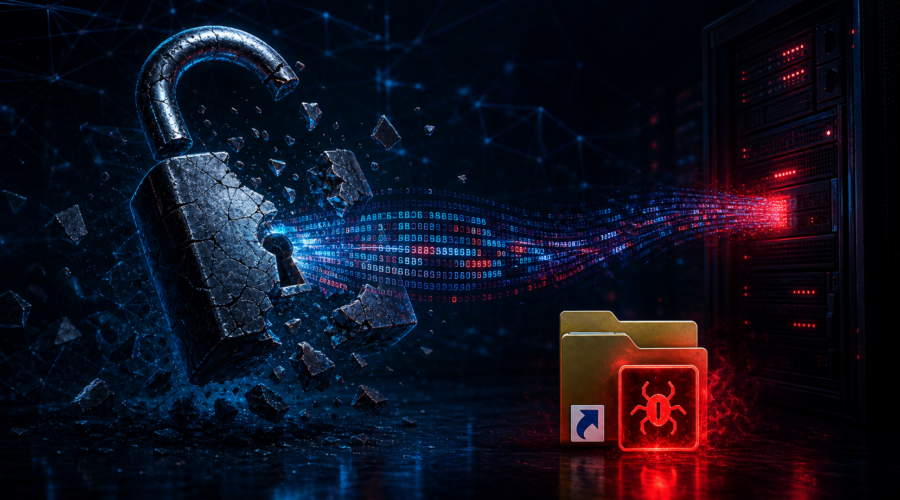 Shattered digital padlock with credential data streams representing Windows NTLM credential theft vulnerability CVE-2026-32202